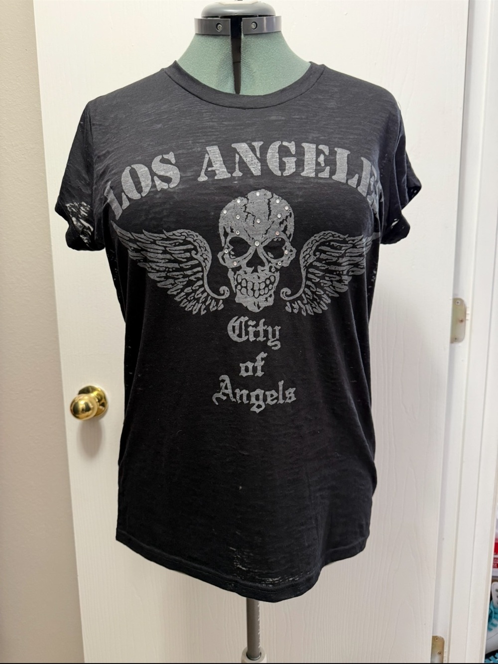 Y2K Allen B. Rhinestone Skull Wings Burnout Tee Shirt Black McBling Grunge XL